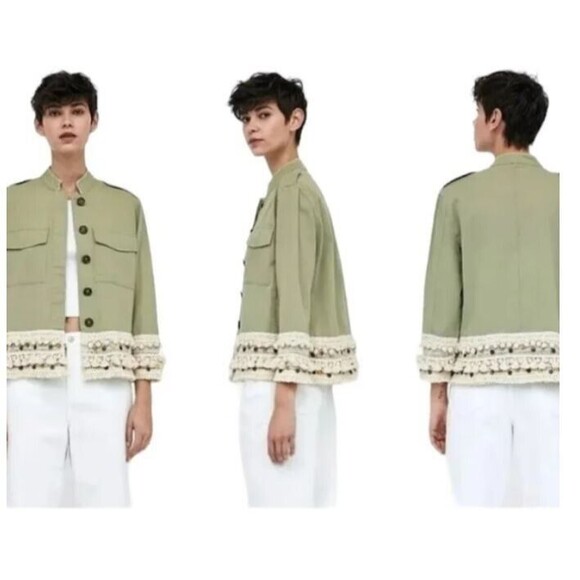 Zara Utility Jacket Tassel Pom Crochet Fringe Boho Coins Green Womens Size M - Picture 2 of 10